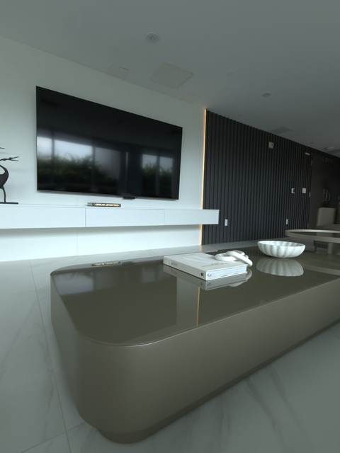 Floating white console under a wall-mounted TV against black slat paneling